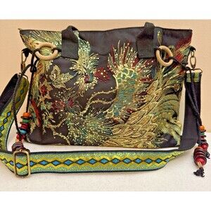 Flight of the Phoenix Bird Floral Gold Sequin Embroidery Canvas Tote Bag Handbag